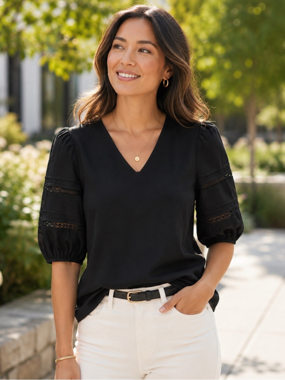 Ann Taylor Black V-Neck Puff Sleeve Blouse